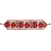 Traversa de Masa pentru Craciun, Flippy, Napron, din Material Tricotat cu Tesatura Groasa, Model Flori Rosii, cu Colt si Ciucure, 173x34x0.2 cm, Alb/ Rosu