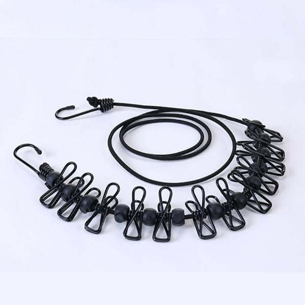 Sfoara pentru Uscarea Hainelor, Flippy, Uscator Sfoara Portabila, 12 Clips-uri Incluse, Lungime 180 cm, PP Cablu de Otel, Negru