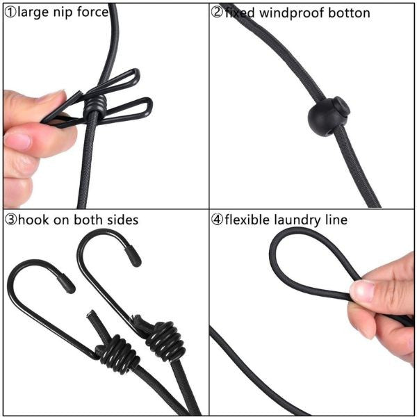 Sfoara pentru Uscarea Hainelor, Flippy, Uscator Sfoara Portabila, 12 Clips-uri Incluse, Lungime 180 cm, PP Cablu de Otel, Negru