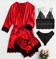 Set Pijama Satin Rosu 4 Piese