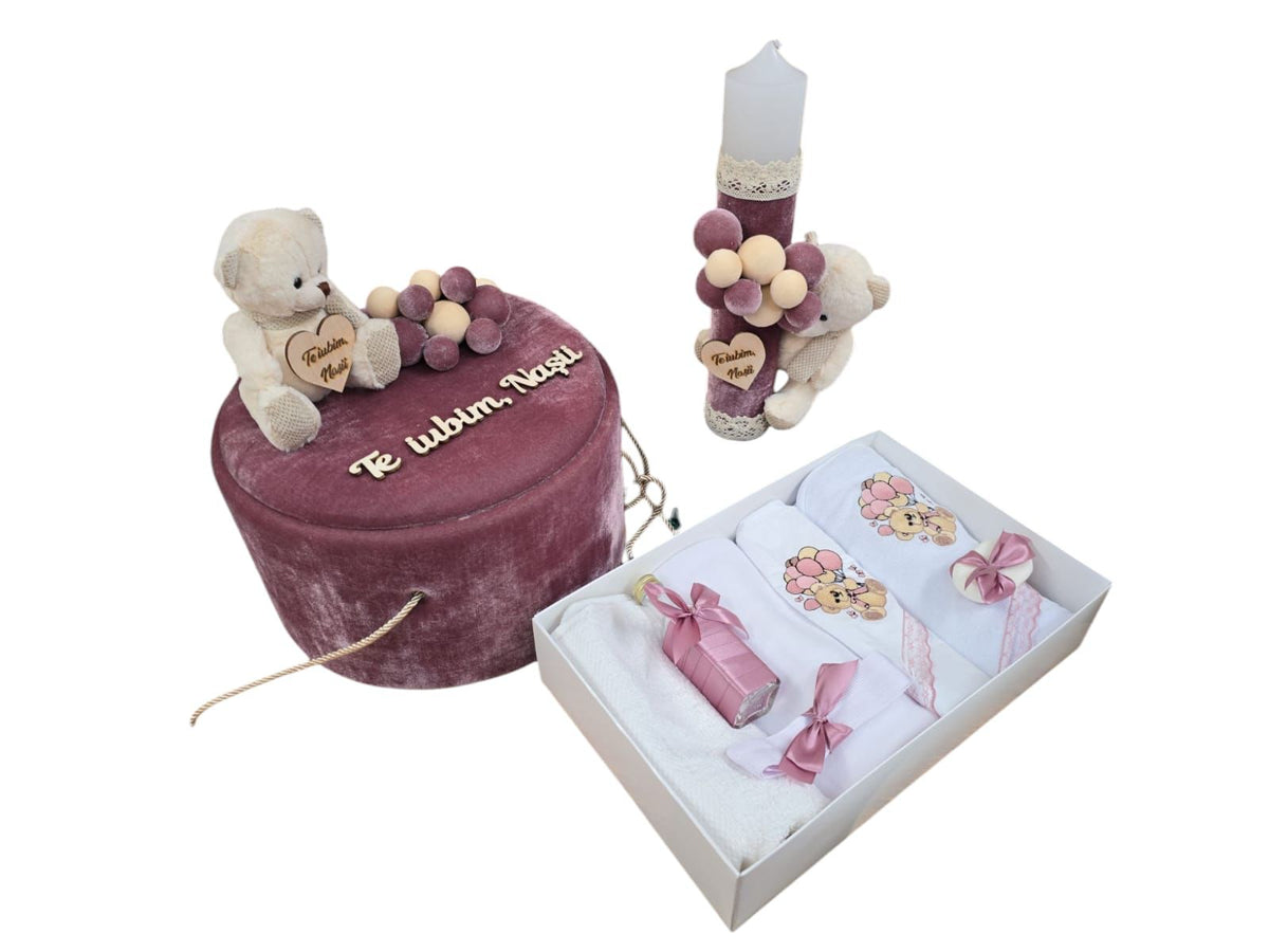 Trusou botez si lumanare Rose Teddy
