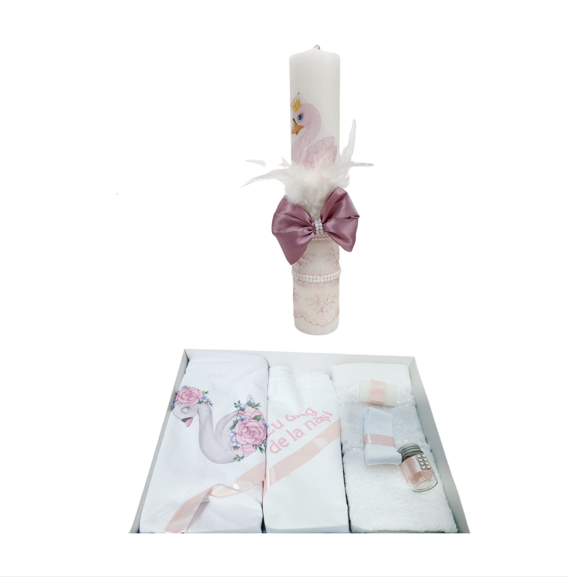 Trusou botez fete – Pink Swan Baby Baptism Set