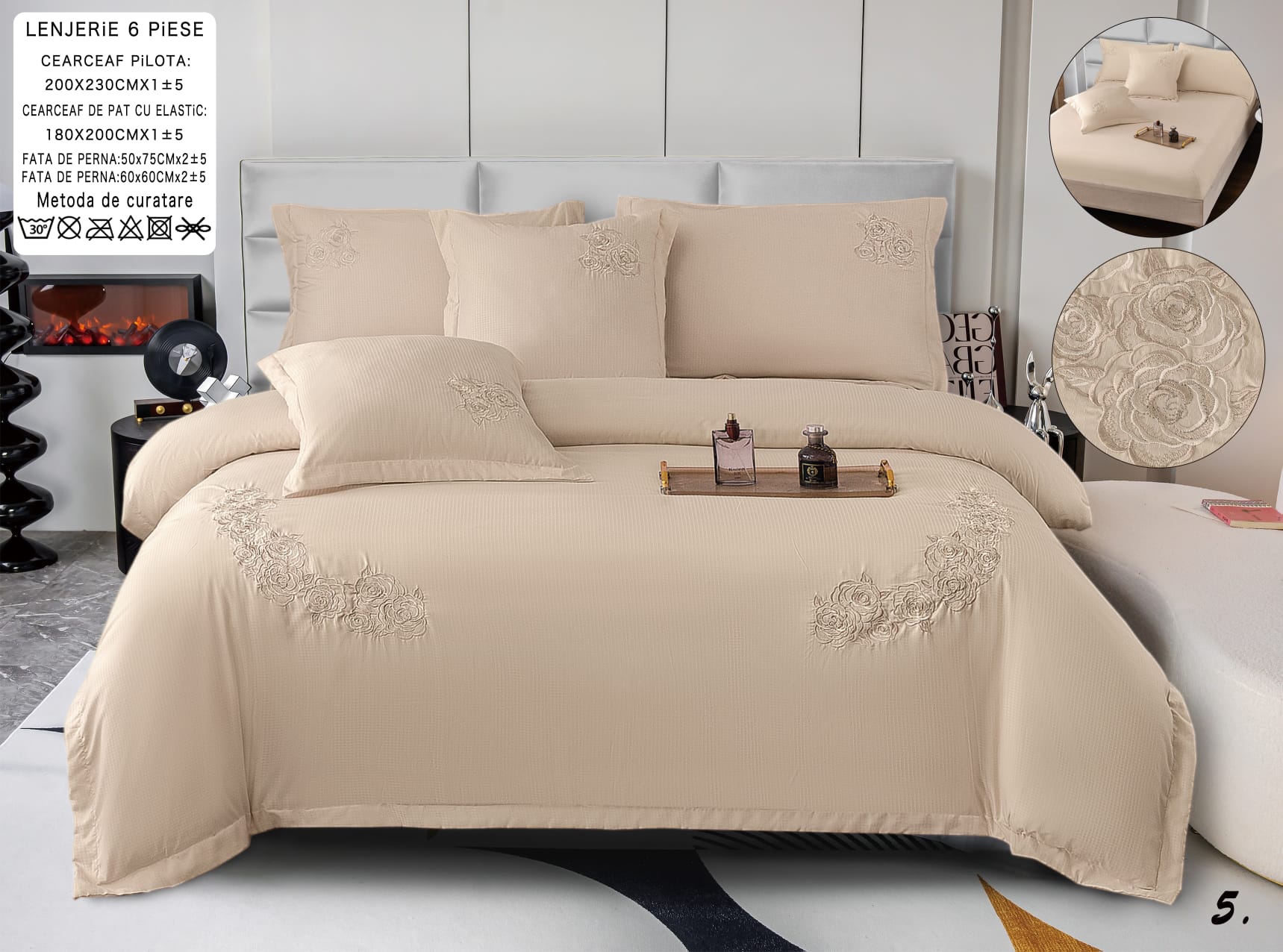 Lenjerie de pat din bumbac neted cu broderie-6 piese | 1074-CM