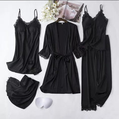 Set Pijama Satin Negru - 5 Piese