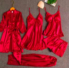 Set Pijama Satin Roșu - 5 Piese