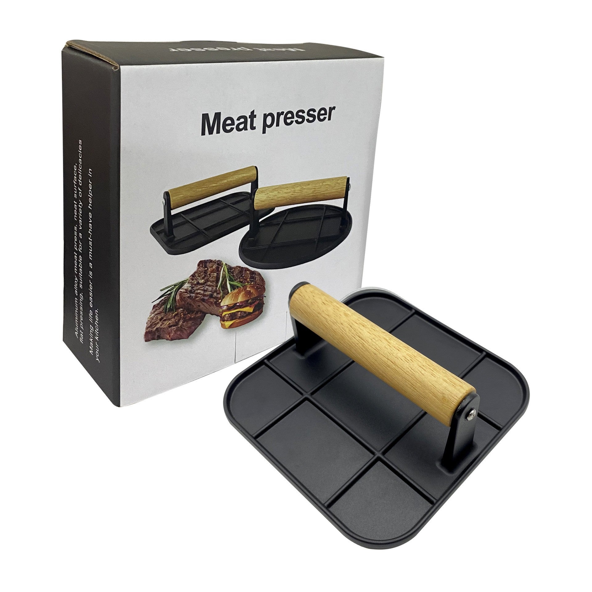 Presa Manuala pentru Carne, Flippy, din Aliaj de Aluminiu, Maner din Lemn, Presa pentru Burgeri, Usor de Curatat si Folosit, Patrata, 16x16x6 cm, Neagra