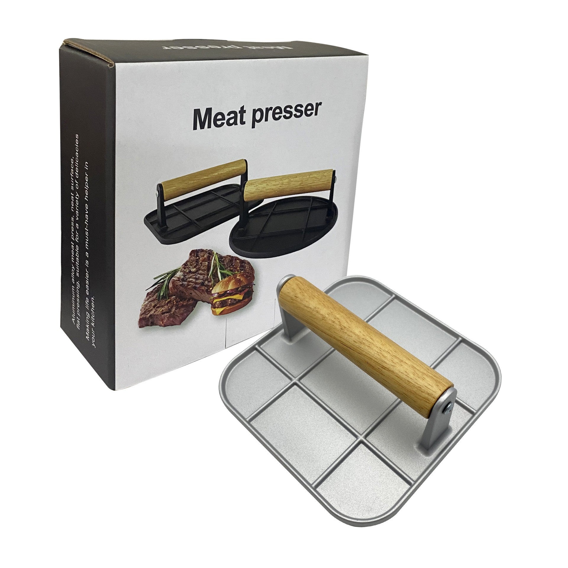 Presa Manuala pentru Carne, Flippy, din Aliaj de Aluminiu, Maner din Lemn, Presa pentru Burgeri, Usor de Curatat si Folosit, Patrata, 16x16x6 cm, Gri
