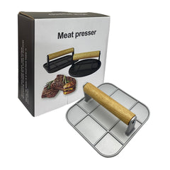Presa Manuala pentru Carne, Flippy, din Aliaj de Aluminiu, Maner din Lemn, Presa pentru Burgeri, Usor de Curatat si Folosit, Patrata, 16x16x6 cm, Gri