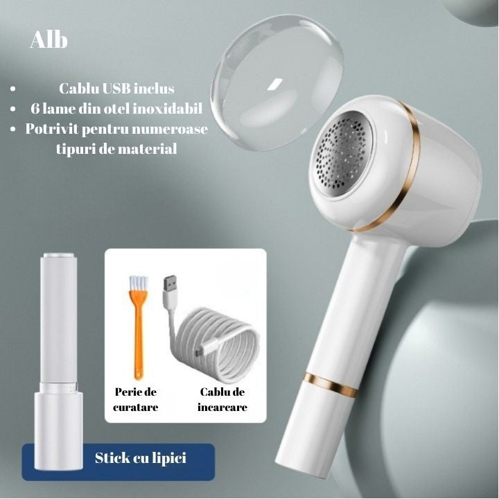 Aparat Pentru Curatat Scame, Par Si Praf, Flippy, Pentru Diferite Tipuri De Material, Cu Lame Din Otel Inoxidabil, Incarcare Prin USB Type-C, Cu Perie De Curatare, Cablu USB Si Stick Cu Lipici Incluse, Alb, 220 x 86 mm
