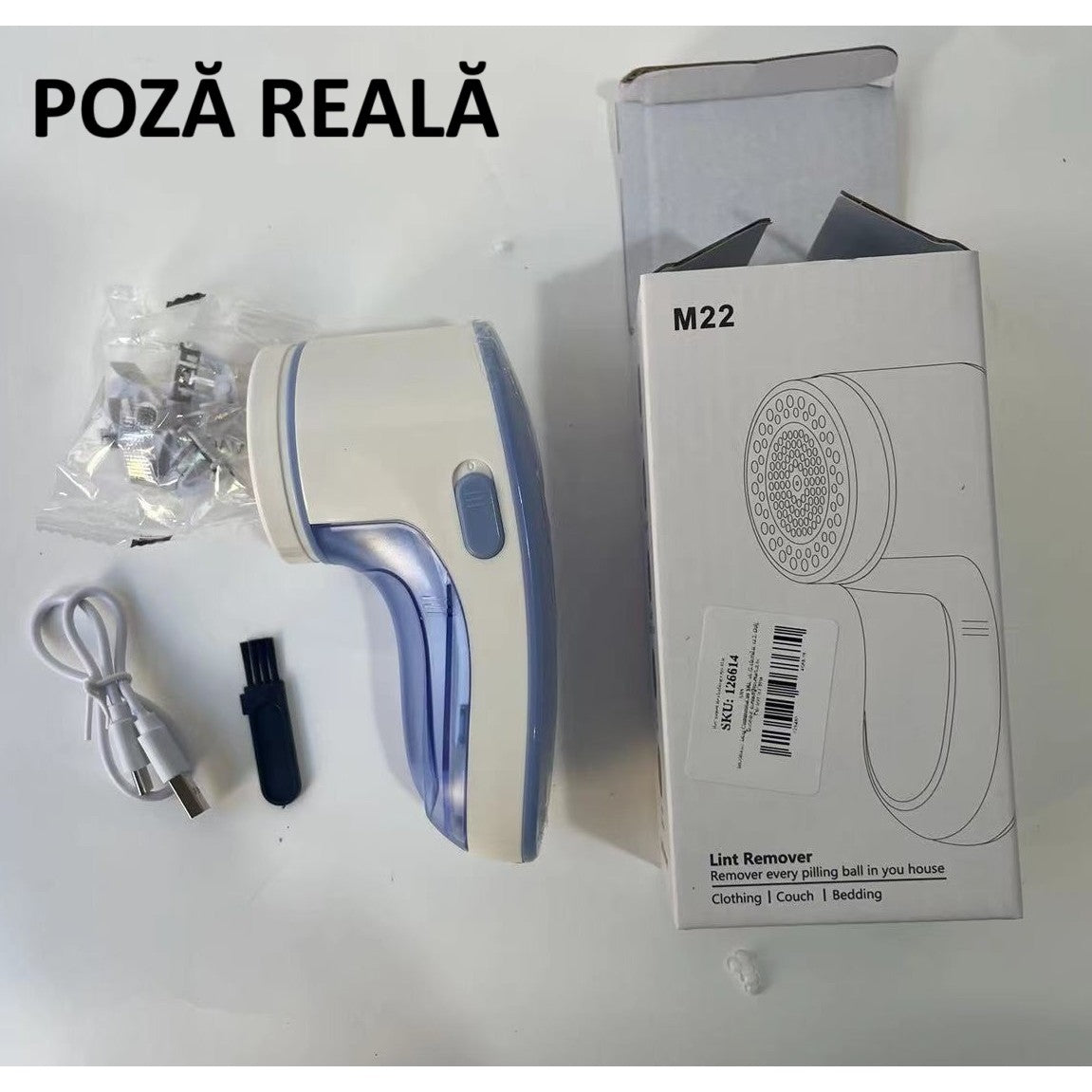 Aparat Pentru Curatat Scame, Par Si Praf, Flippy, Pentru Diferite Tipuri De Material, Cu Lame Din Otel Inoxidabil, Incarcare Prin USB Type-C, Cu Perie De Curatare si Cablu USB Incluse, Albastru, 15 x 7 cm