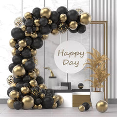 Baloane decorative pentru Nunta, Zi de Nastere, Evenimente, Flippy, Arcada Set din 107 baloane, din latex, baloane cu confetii, Negru Auriu