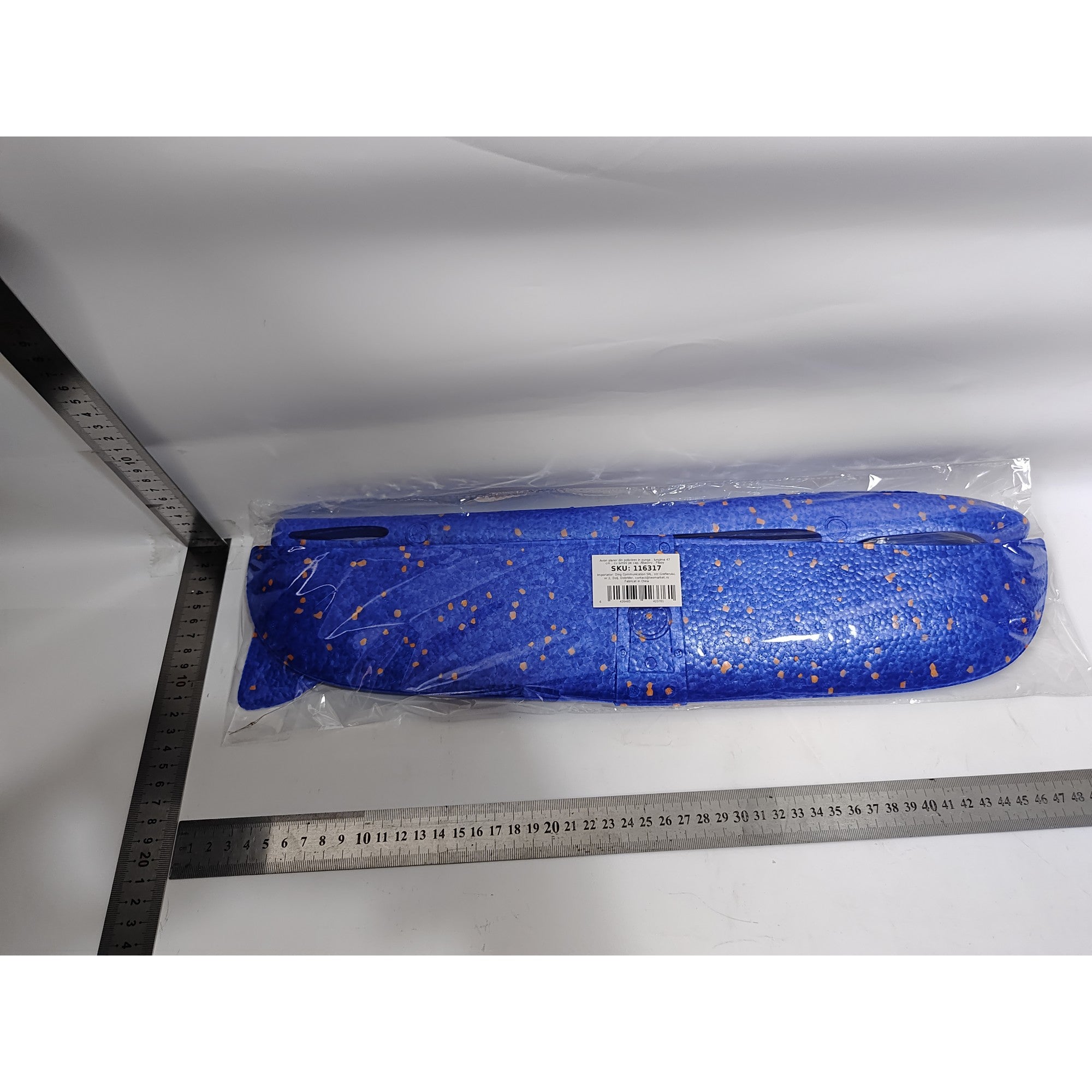 Avion planor din polistiren in punga , lungime 47 cm, cu lumini pe toata lungimea, Albastru , Flippy