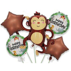 Baloane pentru aniversare, Flippy, tematica Happy Birthday, set 5 baloane, 1 Maimuta 85 x 89 cm, 2 Stele, 2 Rotunde, din folie de aluminiu, pai de carton inclus, Maro