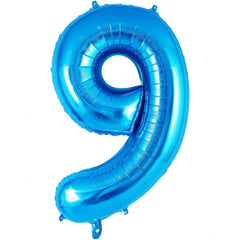 Balon din Folie Metalizata, Flippy, Figurina Cifra, Tema Aniversare 100 cm, Ambalaj Individual, Pai inclus, Umflare cu Aer sau Heliu, Albastru, Cifra 9