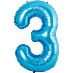 Balon din Folie Metalizata Flippy, Figurina Cifra si Coroana, Tema Aniversare 100 cm, Ambalaj Individual, Pai inclus, Umflare cu Aer sau Heliu, Albastru, Cifra 3
