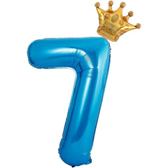 Balon din Folie Metalizata Flippy, Figurina Cifra si Coroana, Tema Aniversare 100 cm, Ambalaj Individual, Pai inclus, Umflare cu Aer sau Heliu, Albastru, Cifra 7