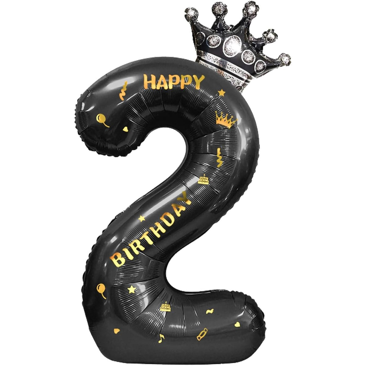 Balon din Folie Metalizata Flippy, Figurina Cifra si Coroana, Scris Happy Birthday, Tema Aniversare 100 cm, Ambalaj Individual, Pai inclus, Umflare cu Aer sau Heliu, Negru, Cifra 2