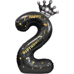 Balon din Folie Metalizata Flippy, Figurina Cifra si Coroana, Scris Happy Birthday, Tema Aniversare 100 cm, Ambalaj Individual, Pai inclus, Umflare cu Aer sau Heliu, Negru, Cifra 2