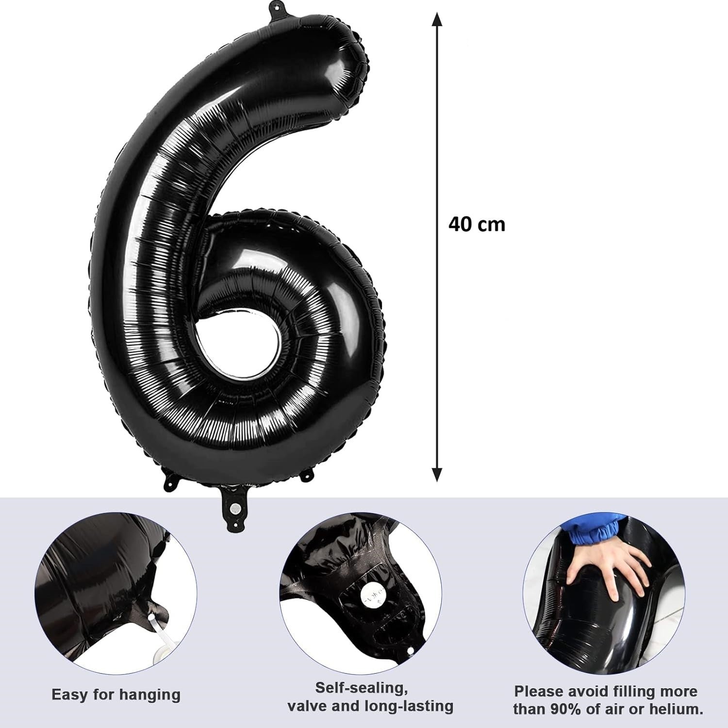 Balon din Folie Metalizata Flippy, Figurina Cifra, Tema Aniversare 40 cm, Ambalaj Individual, Pai inclus, Umflare cu Aer sau Heliu, Negru, Cifra 6