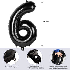 Balon din Folie Metalizata Flippy, Figurina Cifra, Tema Aniversare 40 cm, Ambalaj Individual, Pai inclus, Umflare cu Aer sau Heliu, Negru, Cifra 6