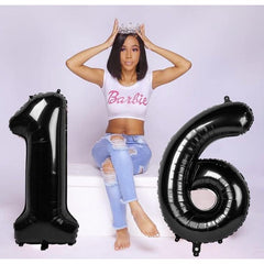 Balon din Folie Metalizata Flippy, Figurina Cifra, Tema Aniversare 40 cm, Ambalaj Individual, Pai inclus, Umflare cu Aer sau Heliu, Negru, Cifra 6
