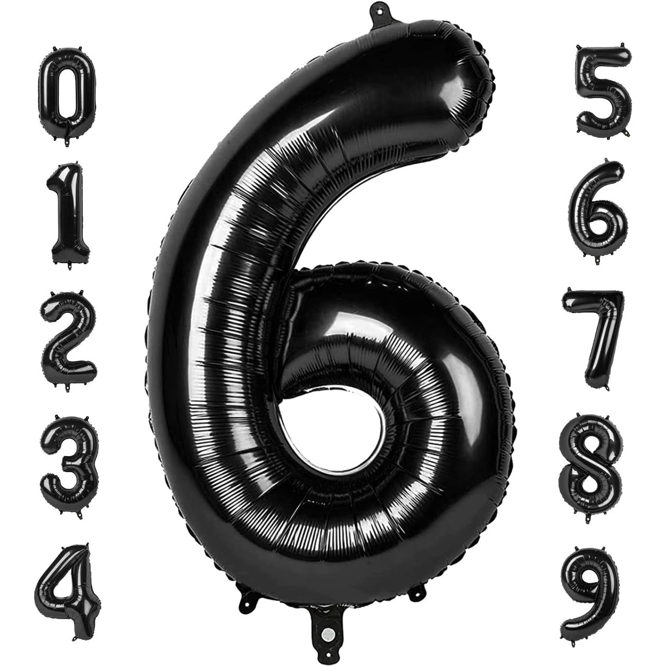 Balon din Folie Metalizata Flippy, Figurina Cifra, Tema Aniversare 40 cm, Ambalaj Individual, Pai inclus, Umflare cu Aer sau Heliu, Negru, Cifra 6