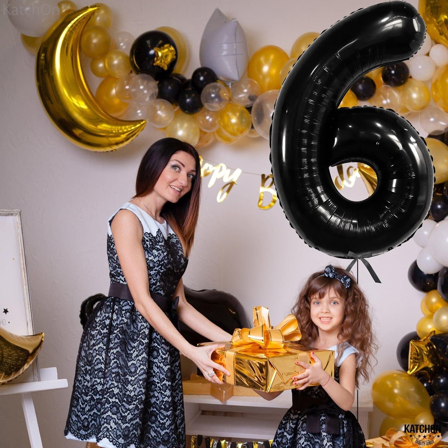 Balon din Folie Metalizata Flippy, Figurina Cifra, Tema Aniversare 40 cm, Ambalaj Individual, Pai inclus, Umflare cu Aer sau Heliu, Negru, Cifra 6
