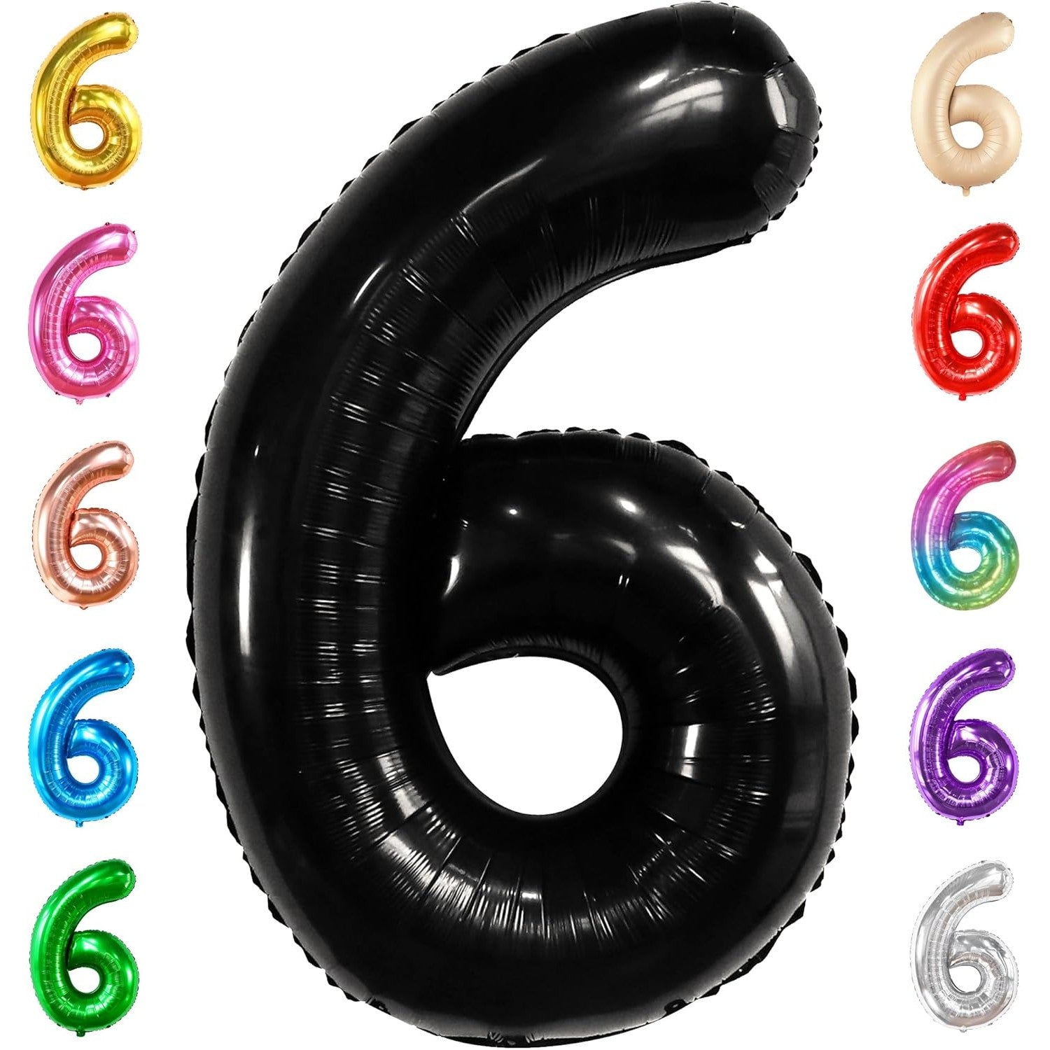 Balon din Folie Metalizata Flippy, Figurina Cifra, Tema Aniversare 40 cm, Ambalaj Individual, Pai inclus, Umflare cu Aer sau Heliu, Negru, Cifra 6
