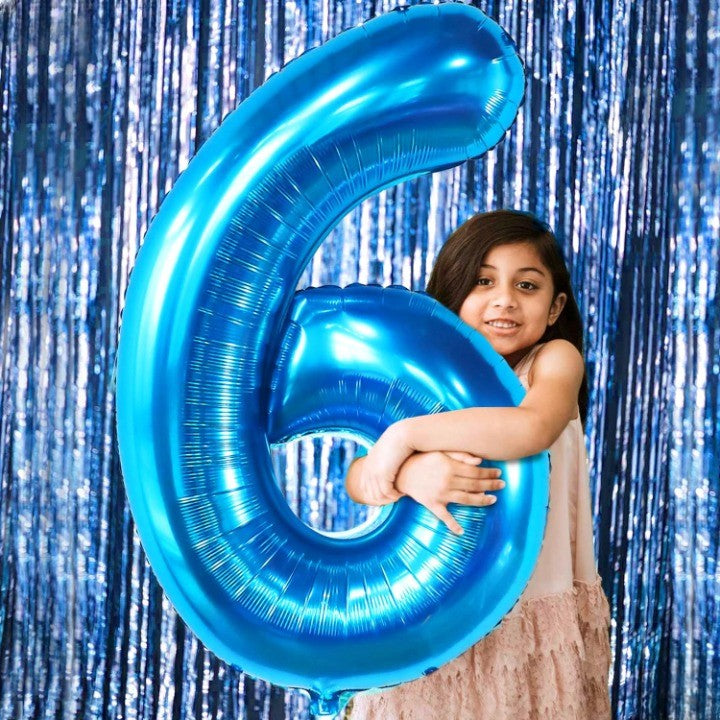 Balon din Folie Metalizata Flippy, Figurina Cifra, Tema Aniversare 80 cm, Ambalaj Individual, Pai inclus, Umflare cu Aer sau Heliu, Albastru, Cifra 6