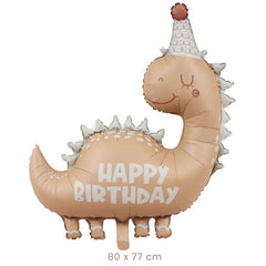 Balon din Folie Metalizata, Flippy, Figurina Animata, Model Dinozaur Happy Birthday, 80 x 77 cm, Ambalaj Individual, Pai Inclus, Umflare cu Aer sau Heliu, Maro