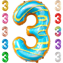 Balon din Folie Metalizata Flippy, Figurina Cifra, Imprimeu Gogosi, Tema Aniversare 100 cm, Ambalaj Individual, Pai inclus, Umflare cu Aer sau Heliu, Multicolor, Cifra 3