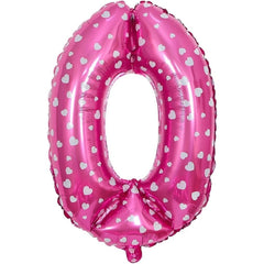 Balon din Folie Metalizata Flippy, Figurina Cifra, Imprimeu Inimi, Tema Aniversare 80 cm, Ambalaj Individual, Pai inclus, Umflare cu Aer sau Heliu, Roz, Cifra 0