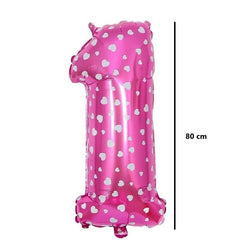 Balon din Folie Metalizata Flippy, Figurina Cifra, Imprimeu Inimi, Tema Aniversare 80 cm, Ambalaj Individual, Pai inclus, Umflare cu Aer sau Heliu, Roz, Cifra 1
