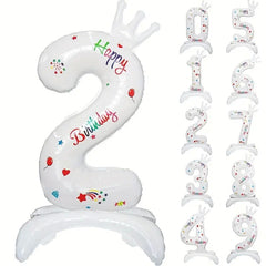 Balon din Folie Metalizata, Flippy, Figurina Cifra, Model 2 cu Happy Birthday Scris, Tema Aniversare 81 cm, Ambalaj Individual, Pai Inclus, Umflare cu Aer sau Heliu, Alb