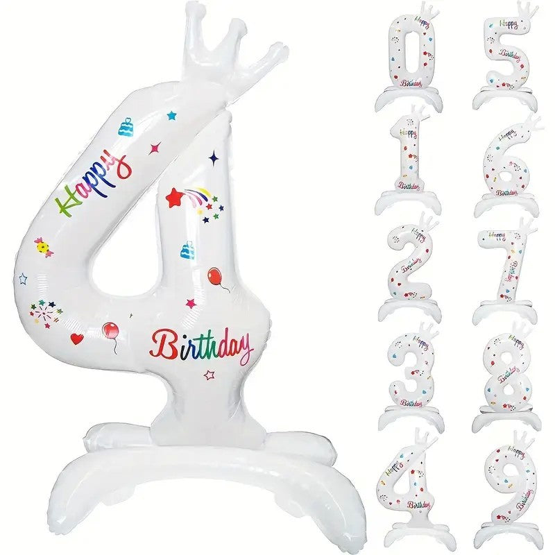 Balon din Folie Metalizata, Flippy, Figurina Cifra, Model 4 cu Happy Birthday Scris, Tema Aniversare 81 cm, Ambalaj Individual, Pai Inclus, Umflare cu Aer sau Heliu, Alb