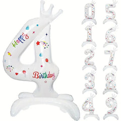 Balon din Folie Metalizata, Flippy, Figurina Cifra, Model 4 cu Happy Birthday Scris, Tema Aniversare 81 cm, Ambalaj Individual, Pai Inclus, Umflare cu Aer sau Heliu, Alb