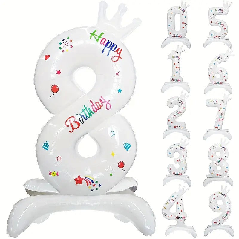 Balon din Folie Metalizata, Flippy, Figurina Cifra, Model 8 cu Happy Birthday Scris, Tema Aniversare 81 cm, Ambalaj Individual, Pai Inclus, Umflare cu Aer sau Heliu, Alb