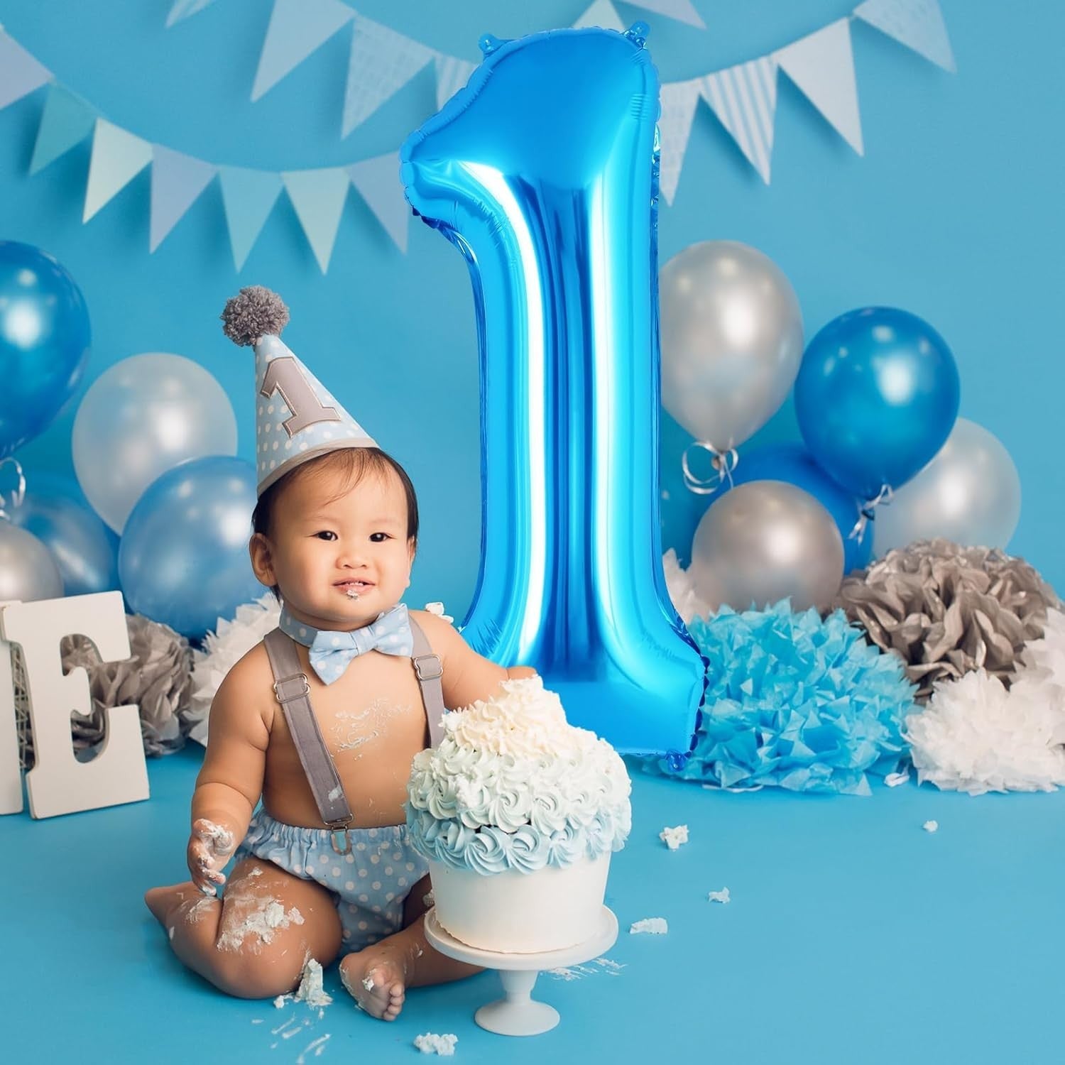 Balon din Folie Metalizata, Flippy, Figurina Cifra, Tema Aniversare 100 cm, Ambalaj Individual, Pai inclus, Umflare cu Aer sau Heliu, Albastru, Cifra 1