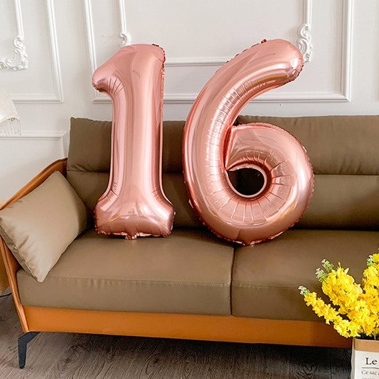 Balon din Folie Metalizata Flippy, Figurina Cifra, Tema Aniversare 40 cm, Ambalaj Individual, Pai inclus, Umflare cu Aer sau Heliu, Rose Gold, Cifra 1
