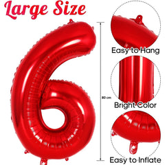 Balon din Folie Metalizata Flippy, Figurina Cifra, Tema Aniversare 80 cm, Ambalaj Individual, Pai inclus, Umflare cu Aer sau Heliu, Rosu, Cifra 6