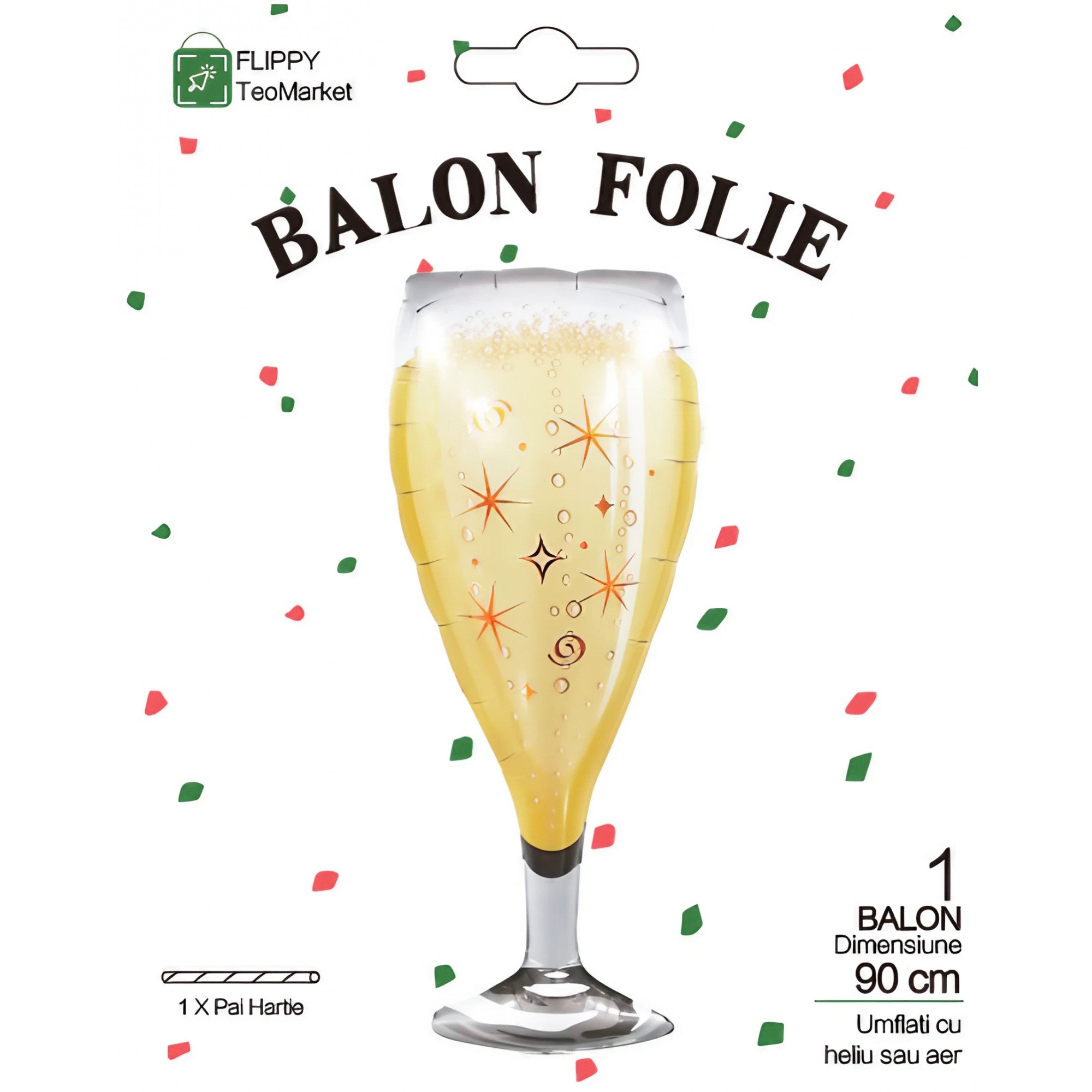 Balon din Folie Metalizata, Flippy, Figurina Pahar de Sampanie, Tema Aniversare, 100x40 cm, Ambalaj Individual, Pai Inclus, Umflare cu Aer sau Heliu, Auriu