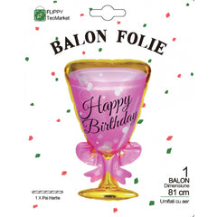 Balon din Folie Metalizata, Flippy, Figurina Pahar de Vin, Tema Aniversare, 93x48 cm, Ambalaj Individual, Pai Inclus, Umflare cu Aer sau Heliu, Roz