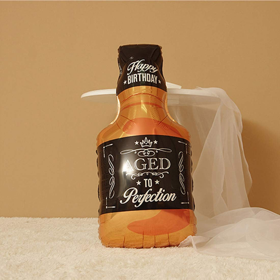 Balon din Folie Metalizata, Flippy, Figurina Sticla de Whisky, Tema Aniversare, 90x45 cm, Ambalaj Individual, Pai Inclus, Umflare cu Aer sau Heliu, Maro