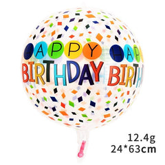 Balon din Folie Metalizata, Flippy, Figurine 4D, Model Happy Birthday, Tematica Aniversara Bombonele, 63x24 cm, Ambalaj Individual, Pai Inclus, Umflare cu Aer sau Heliu, Alb-Multicolor