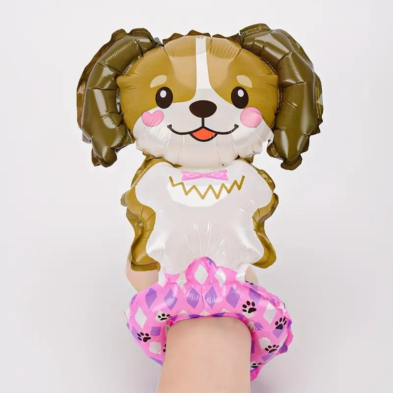 Balon din Folie Metalizata, Flippy, Figurine Animalute, Tip Bratara, Model Catel, 13 x 35 cm, Ambalaj Individual, Pai Inclus, Umflare cu Aer sau Heliu, Maro
