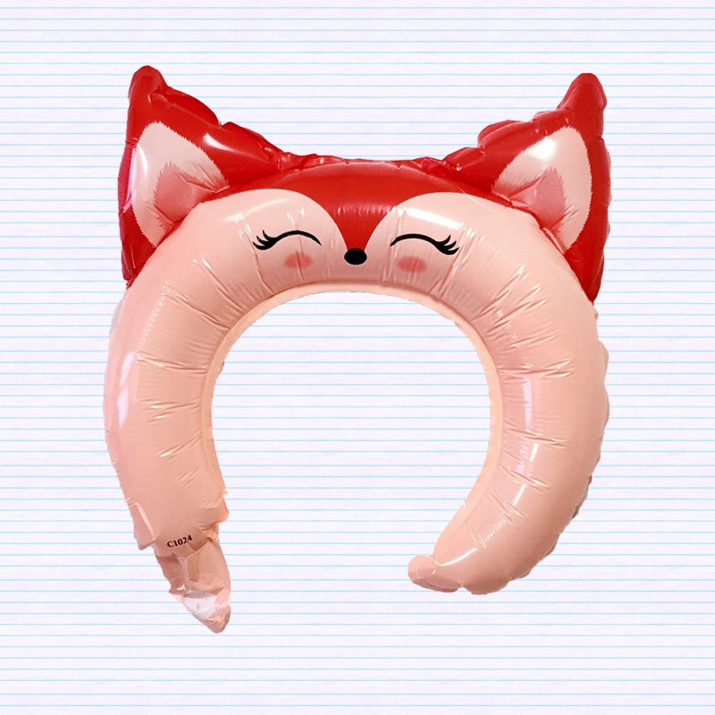 Balon din Folie Metalizata, Flippy, Tip Coronita cu Urechi, Model Vulpe, Ambalaj Individual, Pai Inclus, Umflare cu Aer sau Heliu, 27 x 29 cm, Rosu