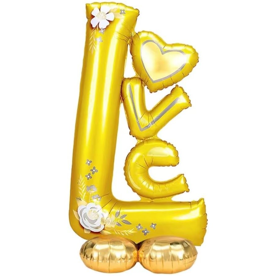 Balon din Folie Metalizata, Flippy, Figurine, Model LOVE, Tematica Iubire, 110x64 cm, Ambalaj Individual, Pai Inclus, Umflare cu Aer sau Heliu, Galben