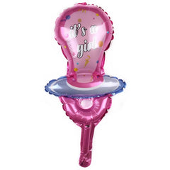 Balon din Folie Metalizata, Flippy, Mini Figurina, Model Suzeta, Tematica Gender Reveal, 23x50 cm, Ambalaj Individual, Pai Inclus, Umflare cu Aer sau Heliu, Roz