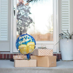 Balon din Folie Metalizata, Flippy, Mini Figurina Rotunda, Model Halbe de Bere, Happy Birthday, Tematica Aniversare, 45 cm, Ambalaj Individual, Pai Inclus, Umflare cu Aer sau Heliu, Albastru
