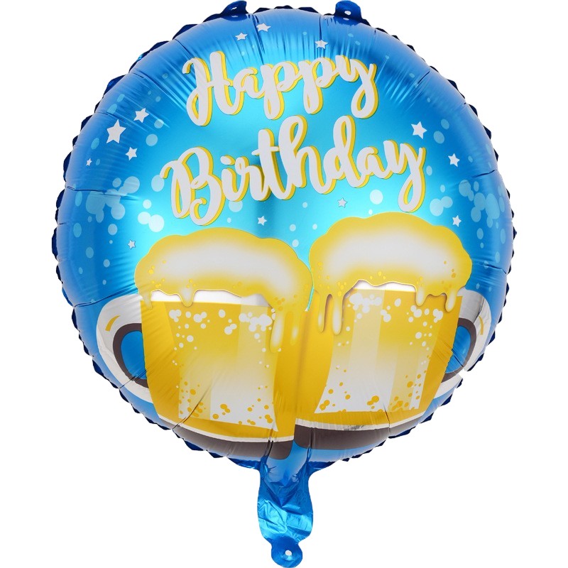 Balon din Folie Metalizata, Flippy, Mini Figurina Rotunda, Model Halbe de Bere, Happy Birthday, Tematica Aniversare, 45 cm, Ambalaj Individual, Pai Inclus, Umflare cu Aer sau Heliu, Albastru